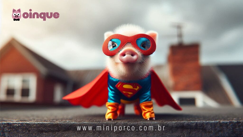 Mini porquinho fantasiado de super herói