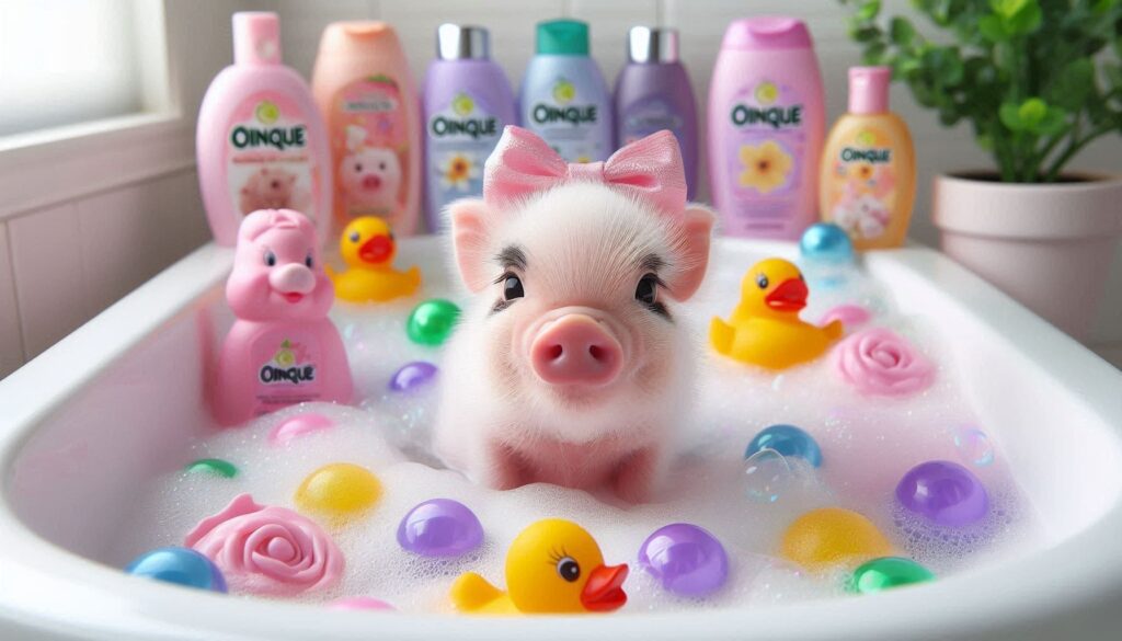 porquinha de estimação tomando banho com shampoos da Oinque