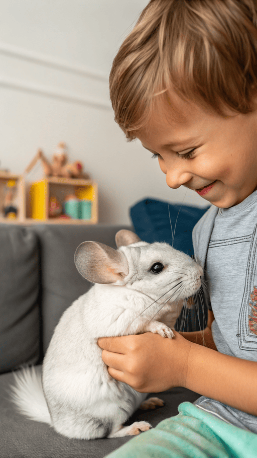 Chinchila branca brincando no sofá com garoto feliz