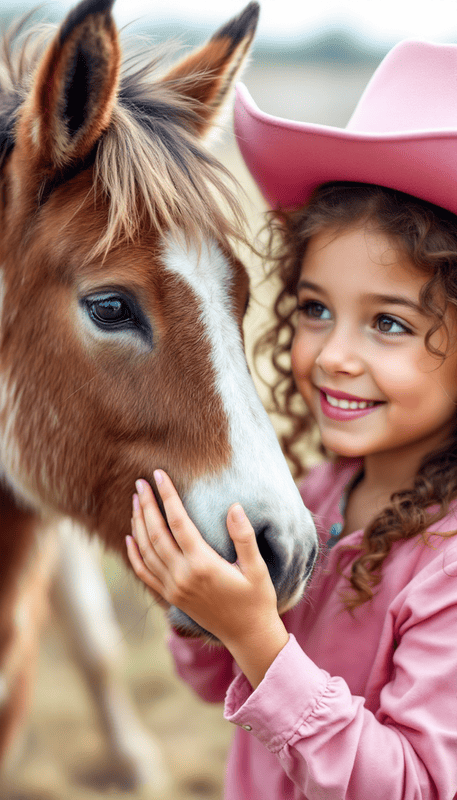Garota brincando com mini cavalo marrom