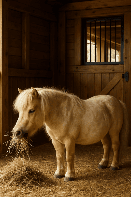 Mini cavalo comendo feno em cocheira