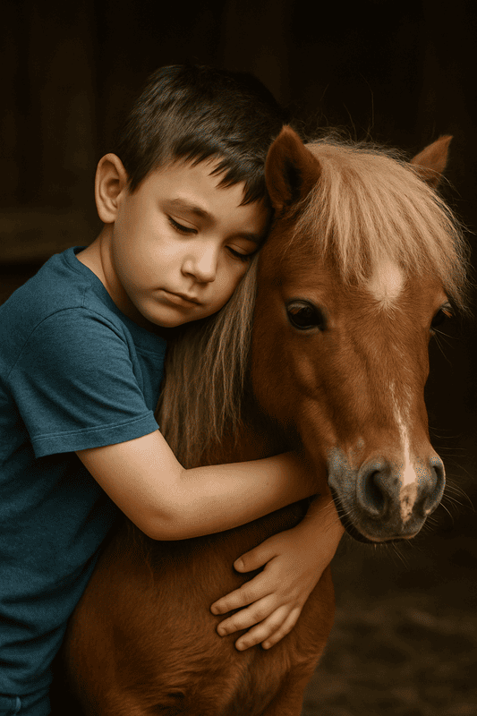 Garoto abrançando mini cavalo de estimação