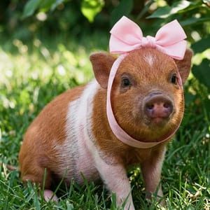 Mini porca vermelha com laço rosa na cabeça, sentada no gramado