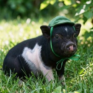 Mini porco preto com boné verde, sentado no gramado