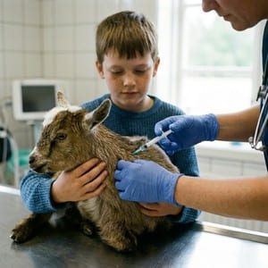 Veterinário vacinando filhote de mini caprino