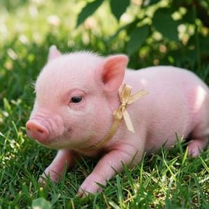 Mini porco rosa com fita dourada, deitado no jardim