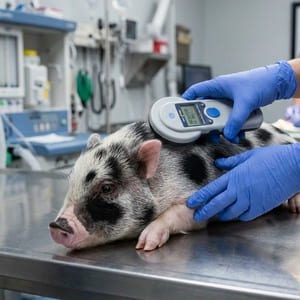 Mini porco passando por leitor de microchip