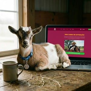 Mini cabrito deitado ao lado de notebook