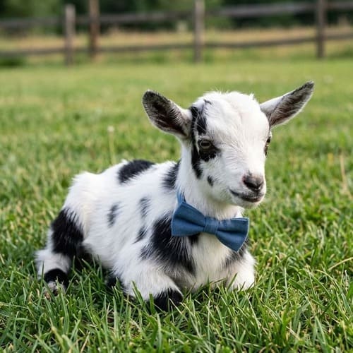 Mini cabrito de laço azul deitado na grama